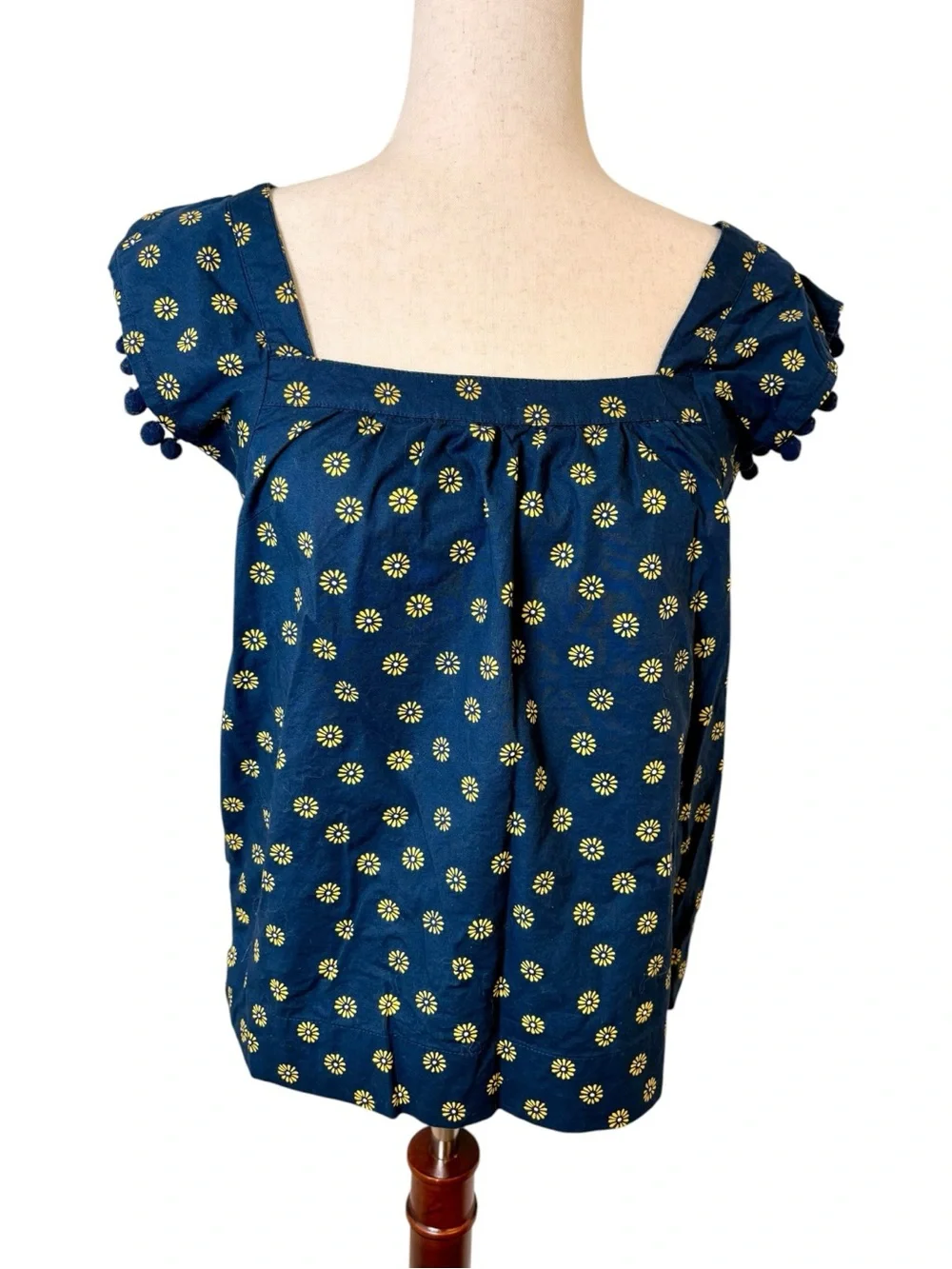 J.Crew Navy Floral Cotton Pom Sleeve Cottagecore Preppy Top Size 0